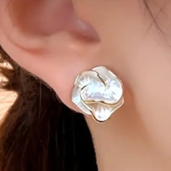 14k Gold Plated Matte White Enamel Petals - White Camellia Earrings - Picture 3 of 4